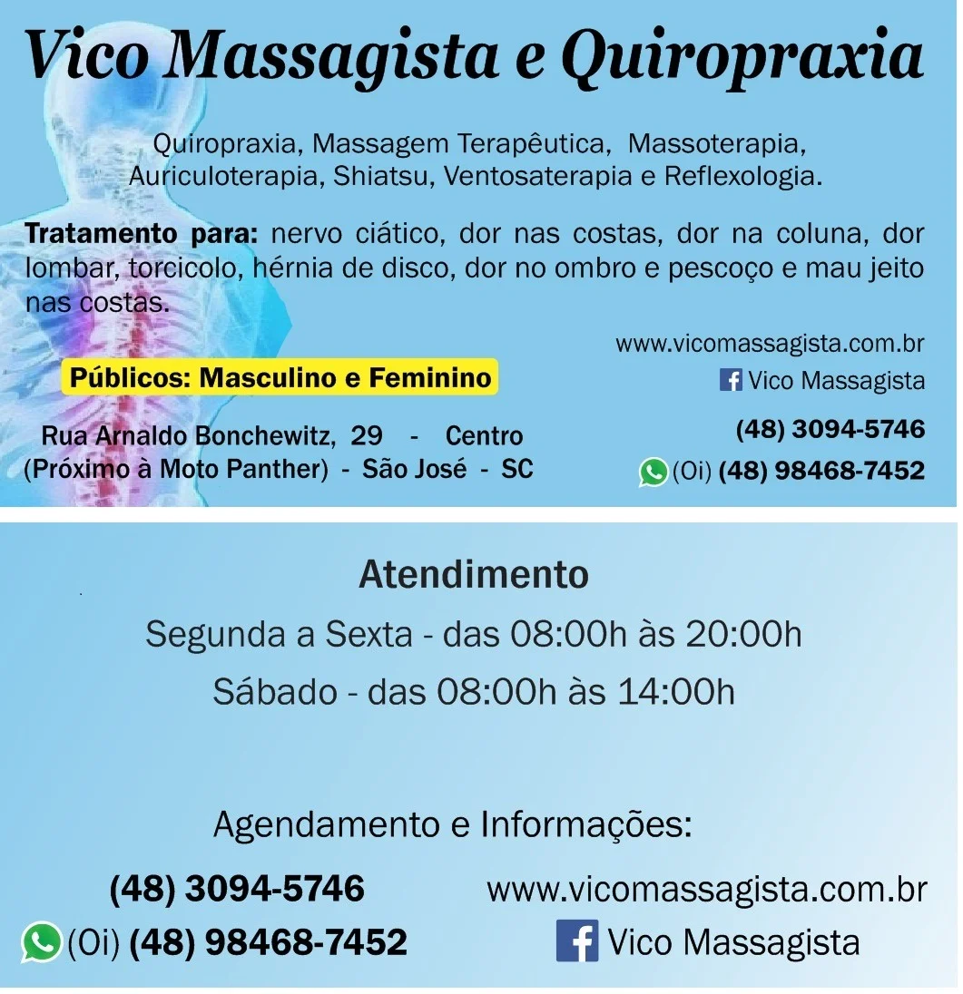 Vico Massagista e Quiropraxia em São José SC para dor nervo ciático, dor na coluna. dor lombar, torcicolo, ombro e pescoço. #saojosesc #floripa #palhoca #biguacu #florianopolis #antoniocarlossc #santoamarodaimperatriz sc #quiropraxia #massagem #massagemterapeutica #massoterapia #ventosaterapia #quiroprata #quiropraxista #quiropratico #vicomassagista #nervociatico #dorcoluna #dorcostas #dorlombar #lombalgia #torcicolo #dorombro #dorpescoço #tendinite #herniadedisco #dorjoelho #maujeito #luxacao #quiropraxiaemsaojosesc #quiropraxiaemflorianopolis #quiropraxiaempalhoca #quiropraxiaembiguacu @quiropraxiaemantoniocarlossc @quiropraxiaemsantoamrodaimperatriz @massagememsaojosesc #massagememflorianopolis #massagemempalhoca #massagemembiguacu #massagememantoniocarlossc #massagememsantoamarodaimperatriz
