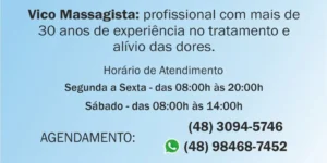 Apresentação do terapeuta Vico Massagista que atende em São José (SC). Oferece: quiropraxia, massagem terapêutica, massoterapia e ventosaterapia. Profissional com mais de 30 anos de experiência em terapias e massagens para alívio das dores em São José (SC)